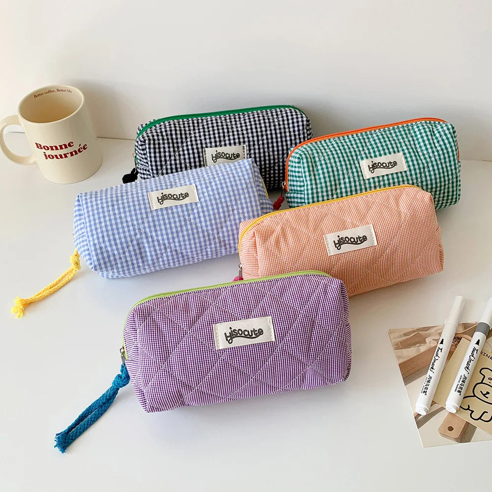 Student Color Blocking Checkered Pencil Case Girls' Stationery Bag Makeup Brush Holder Makeup Bag Women Cosmetic Bag Coin Purse