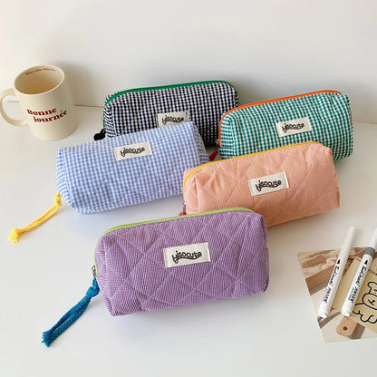Student Color Blocking Checkered Pencil Case Girls' Stationery Bag Makeup Brush Holder Makeup Bag Women Cosmetic Bag Coin Purse