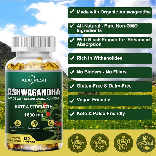Alxfresh Pure Organic Ashwagandha Root Extract Capsule 1800mg Supplement Help Stress, Focus, Brain, Energy Support Sleep Health