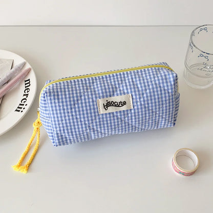 Student Color Blocking Checkered Pencil Case Girls' Stationery Bag Makeup Brush Holder Makeup Bag Women Cosmetic Bag Coin Purse