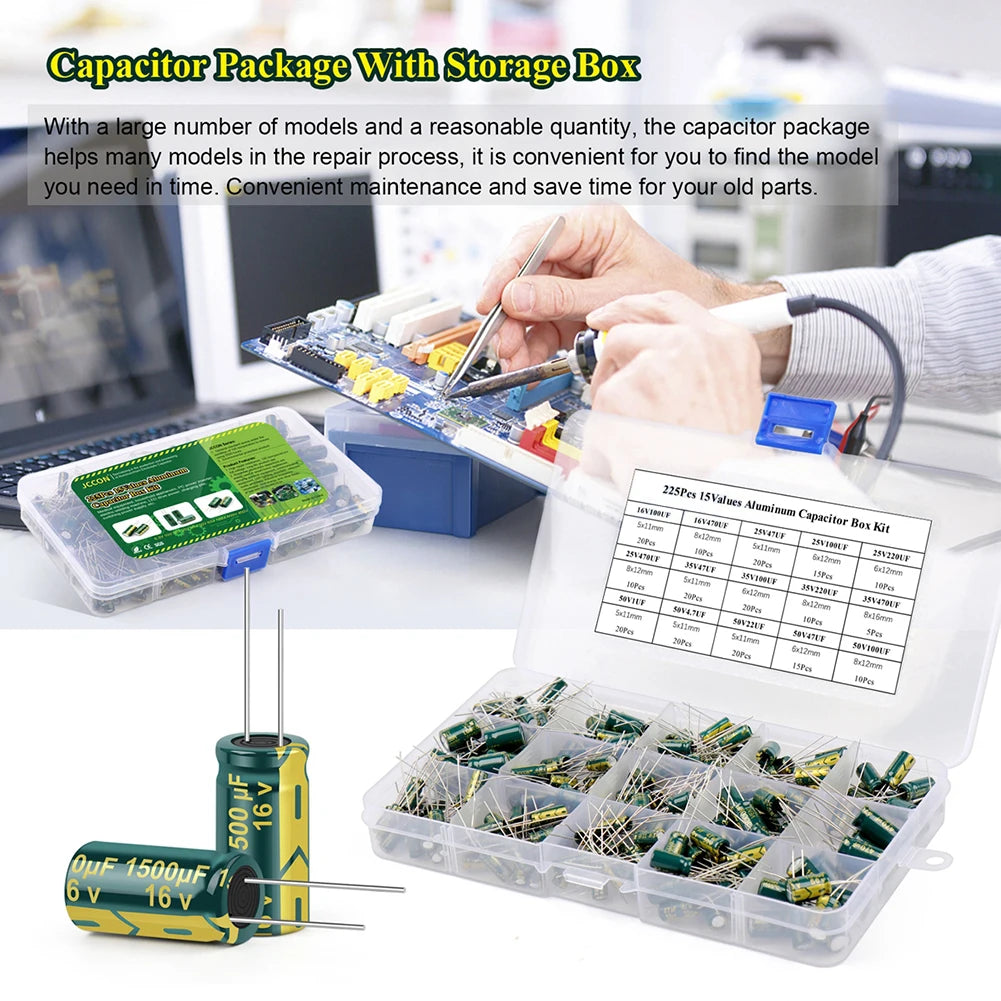 15/24/36 Values 225Pcs Aluminum Electrolytic Capacitors Aluminum Electrolytic Capacitors Assortment Kit for DIY Projects