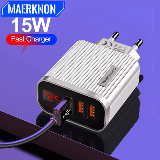 5V 3.1A 3 USB Charging Ports  Universal Wall For iPhone 12 Samsung Xiaomi Huawei Mobile Phone Chargers LED Display Fast Charger