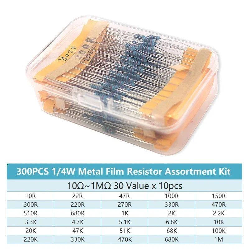 300/600PCS 1/4W Metal Film Resistor Kit Resistance 1% 30 values 10 Ohm ~1M 0.25w Resistors Set