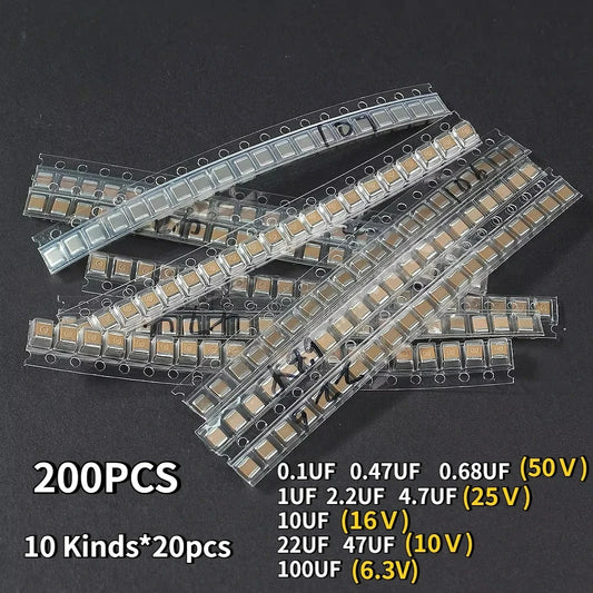 200pcs 1210 SMD Capacitor 6.3V 10V 16V 25V 50V 10 Kinds*20pcs Capacitors Pack 0.1UF 0.47UF 0.68UF 1UF 2.2UF 10UF 100UF