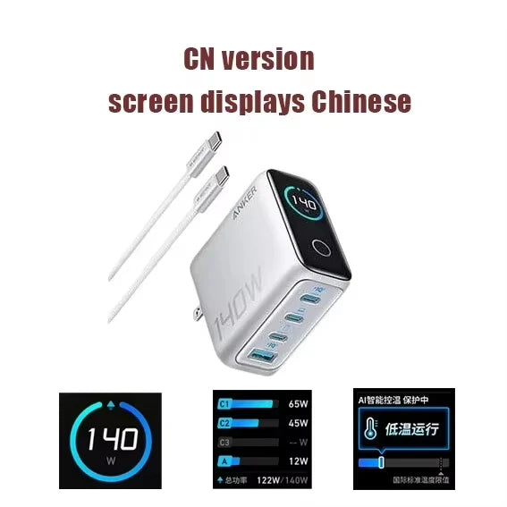 Brand New Anker Zolo 140W GaN Charger AI Display Screen Four-Port Fast Charge Mobile Phone Chargers Portable Phone Power Adaptor