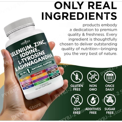 Multimineral Vitamin Capsules with Selenium Zinc Iodine L-TyrosineTurmeric Silica Supplement Daily Nutrition Support 120 Count