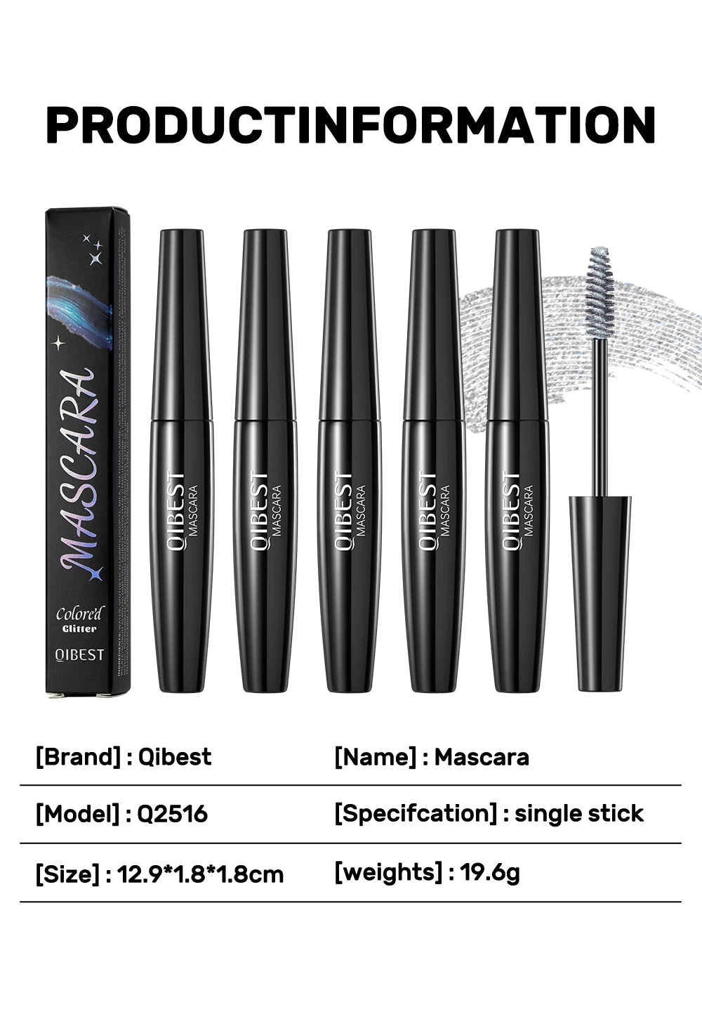 Glitter Diamond Mascara Waterproof Smudge-Proof Volumizing Lengthening Sparkling Snowflake Flake Clump-Free Lasting Party Makeup