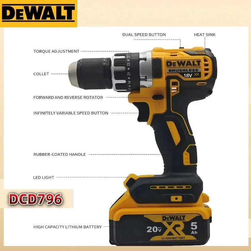 Dewalt Brushless Cordless DCD796 Impact Drill, Multifunctional Rechargeable Electric Screwdriver Power Tools
