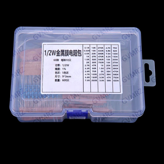 60Values 2W 3W 1/2W 1W 1% Metal film resistors kit dip 0.1R 100R 200R 300R 1K 2K 3K Resistor 0.1R-3K