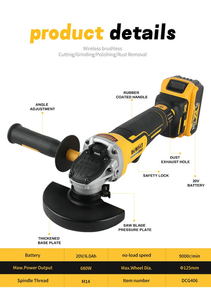 DEWALT 20V Cordless Brushless Angle Grinder,125mm 10000rpm 680W, Safety Lock & Dust Exhaust for Metal Wood Tile Cutting Grinding