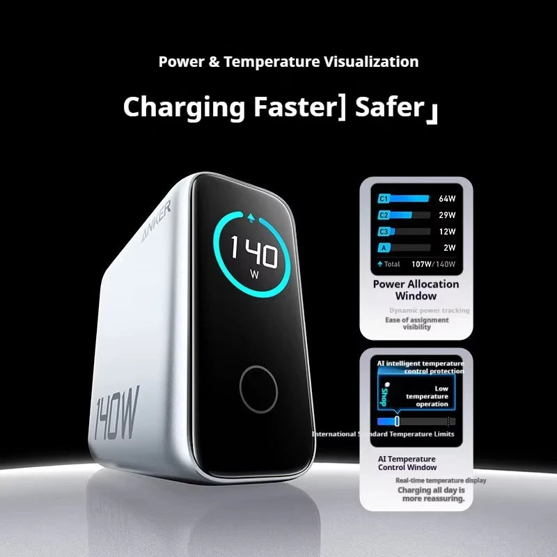 Original Anker Zolo 140W GaN Charger AI Display Screen Four-Port Fast Charge Mobile Phone Chargers Portable Phone Power Adaptor