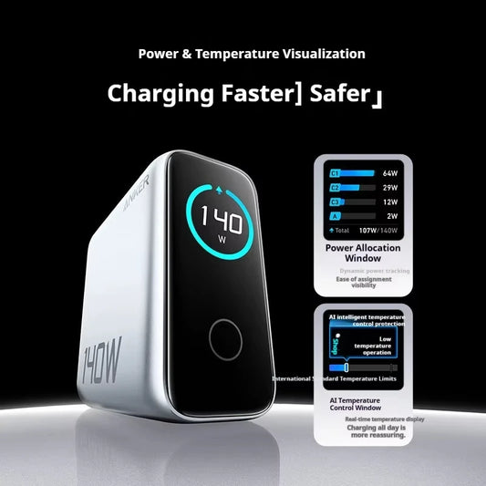 Original Anker Zolo 140W GaN Charger AI Display Screen Four-Port Fast Charge Mobile Phone Chargers Portable Phone Power Adaptor
