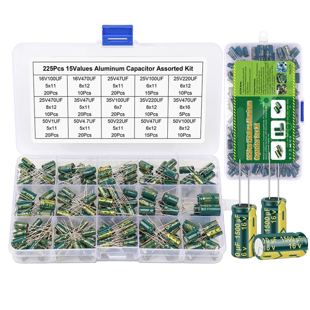 225PCS/lot 0.1UF-1000UF 15Values Aluminum Electrolytic Capacitors 16-50V Electrolytic Capacitor Assortment Kit with Storage Box