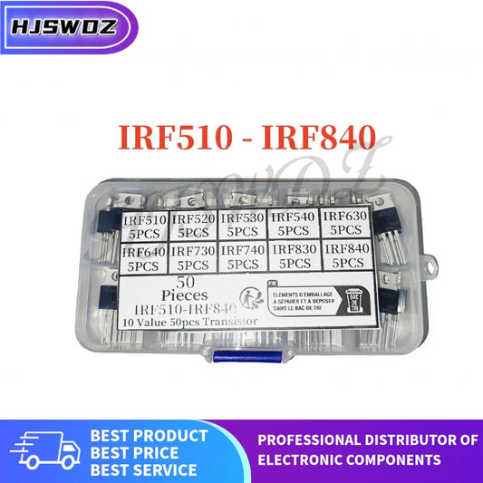 50Pcs/Box 10 Values Transistor Kit Set IRF510 IRF530 IRF520 IRF540 IRF630 IRF640 IRF730 IRF740 IRF830 IRF840 TO-220