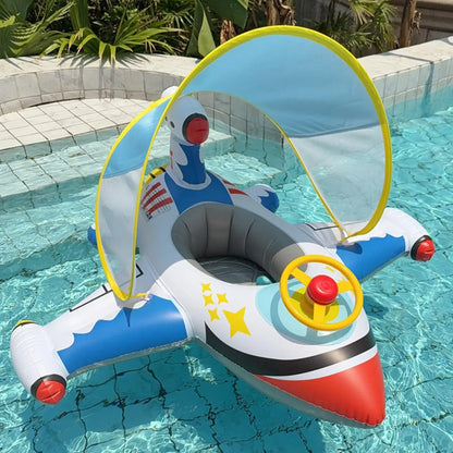 Baby Pool Float Baby Swimming Pool Floats Airplane Shape Inflatable Raft with Sun Protection Canopy Water Toys for Kids Ages 1-6