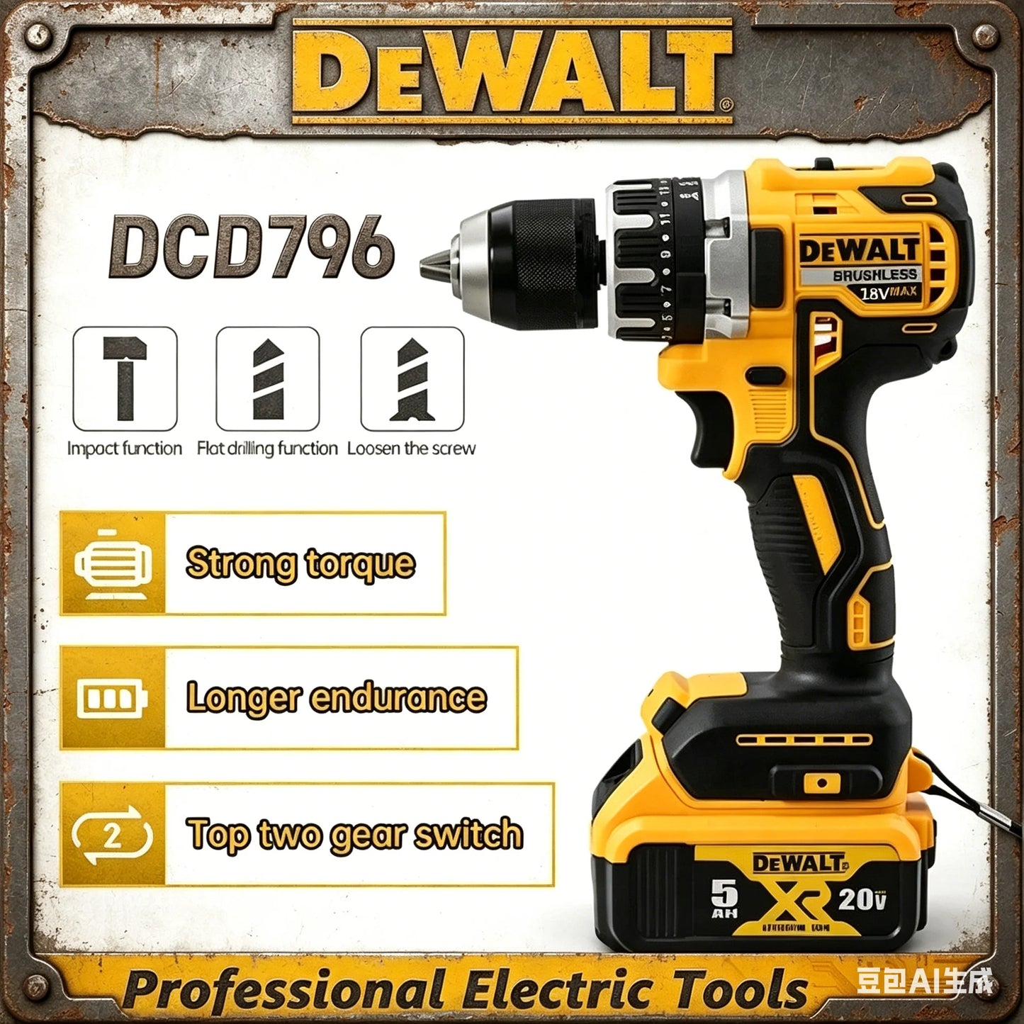 Dewalt Brushless Cordless DCD796 Impact Drill, Multifunctional Rechargeable Electric Screwdriver Power Tools