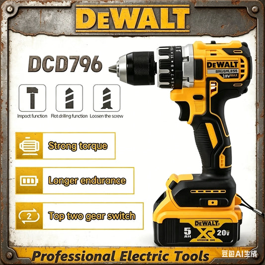 Dewalt Brushless Cordless DCD796 Impact Drill, Multifunctional Rechargeable Electric Screwdriver Power Tools