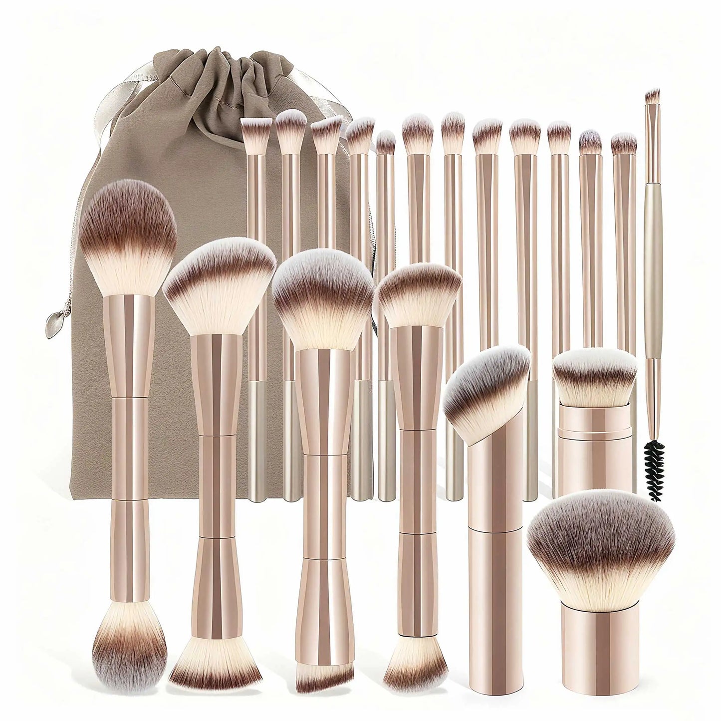 20-Piece Professional Makeup Brushes Set, Metal Handle Wand With Velvet Pouch, Soft Foundation, Eyeshadow, Eyebrow, Blending, Hi