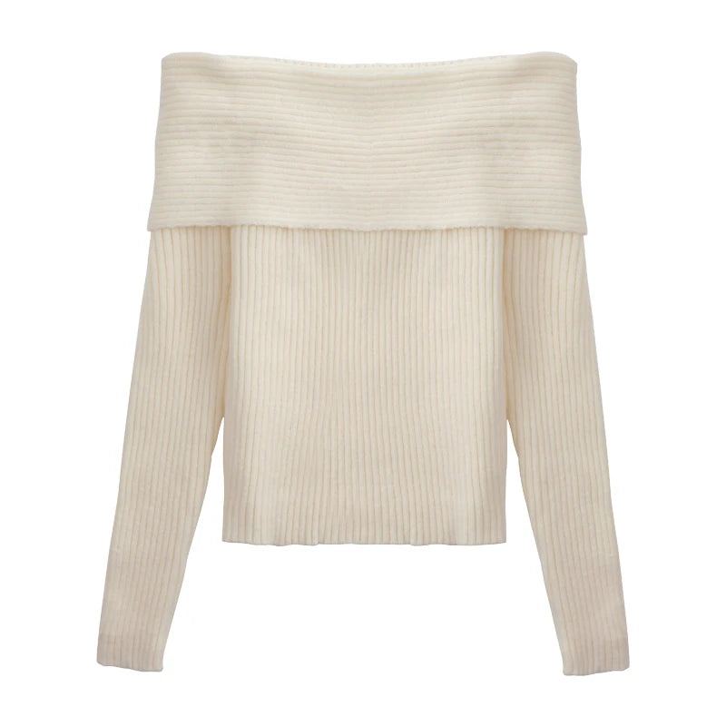 Women Off Shoulder Sweater Long Sleeve Off-the-Shoulder Knitted Tops Rib-knit Jumper Pullover Female Casual Outfit Fall Winter