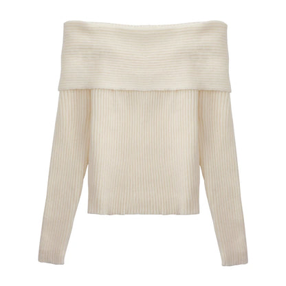 Women Off Shoulder Sweater Long Sleeve Off-the-Shoulder Knitted Tops Rib-knit Jumper Pullover Female Casual Outfit Fall Winter