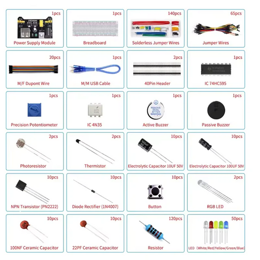 DIY Electronics Components Kit Project Starter Electronic DIY Kit with 830 Tie-points Breadboard for Arduino R3 with Box