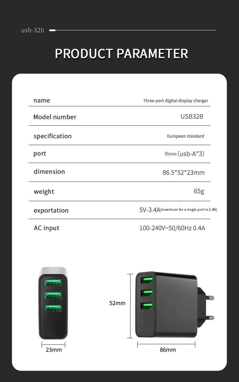 3.4A USB Charger Digital Display Fast Charging Quick Charge 3.0 Mobile Phone Chargers Adapter For iPhone Samsung Xiaomi Huawei