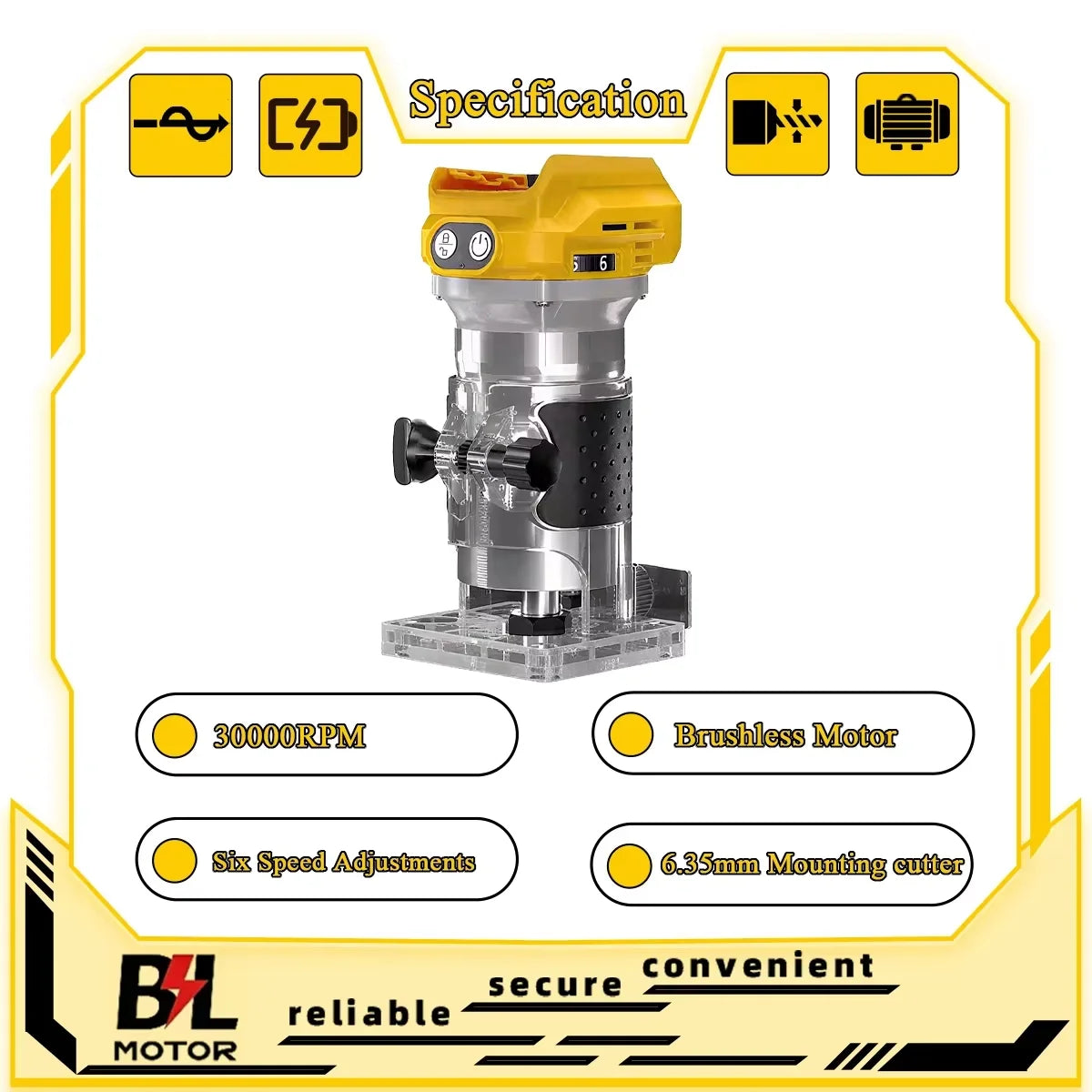 Electric Trimmer Brushless Woodworking Trimming Router Milling Engraving Slotting Tools Fit Dewalt 18V Battery Pin