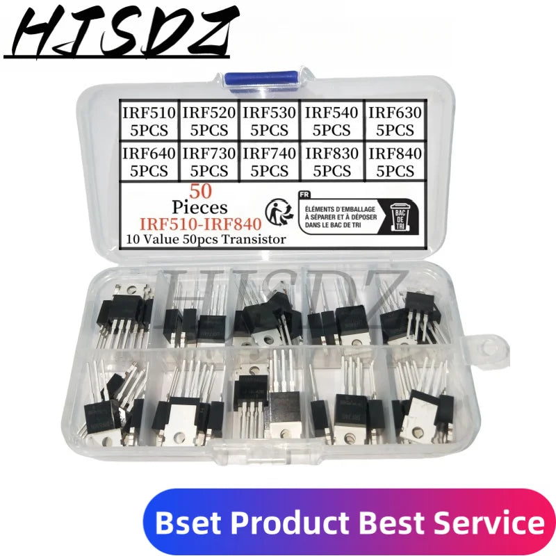50 Uds 10 tipos Kit surtido de transistores Mosfet IRF640 IRF740 IRF830 IRF840 IRF530 IRF630 IRF820 IRF510 IRF520 IRF540 Series