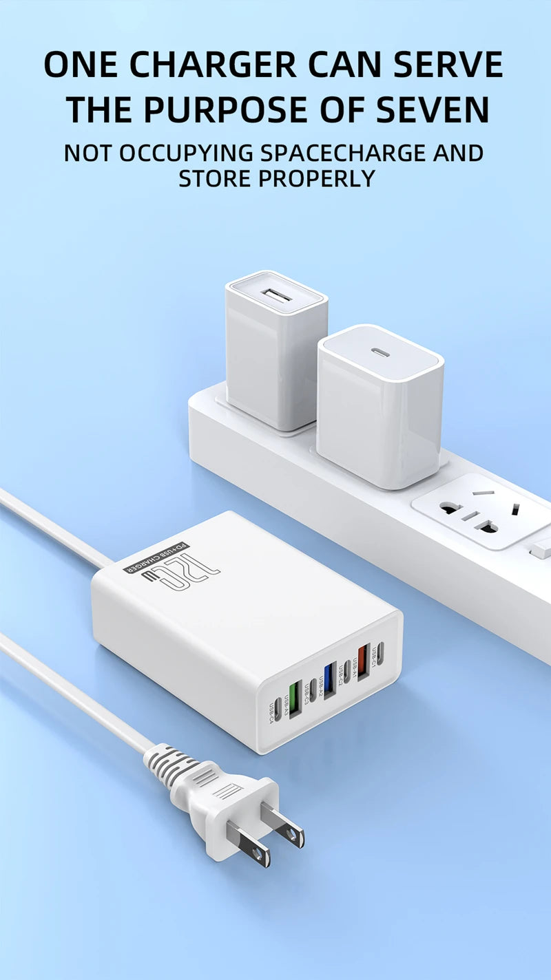 120W Charging Head 7 Ports 3USB+4PD Fast Charging Phone Charger Head 5V4A US/EU/UK Standard Charger for Mobile Phones