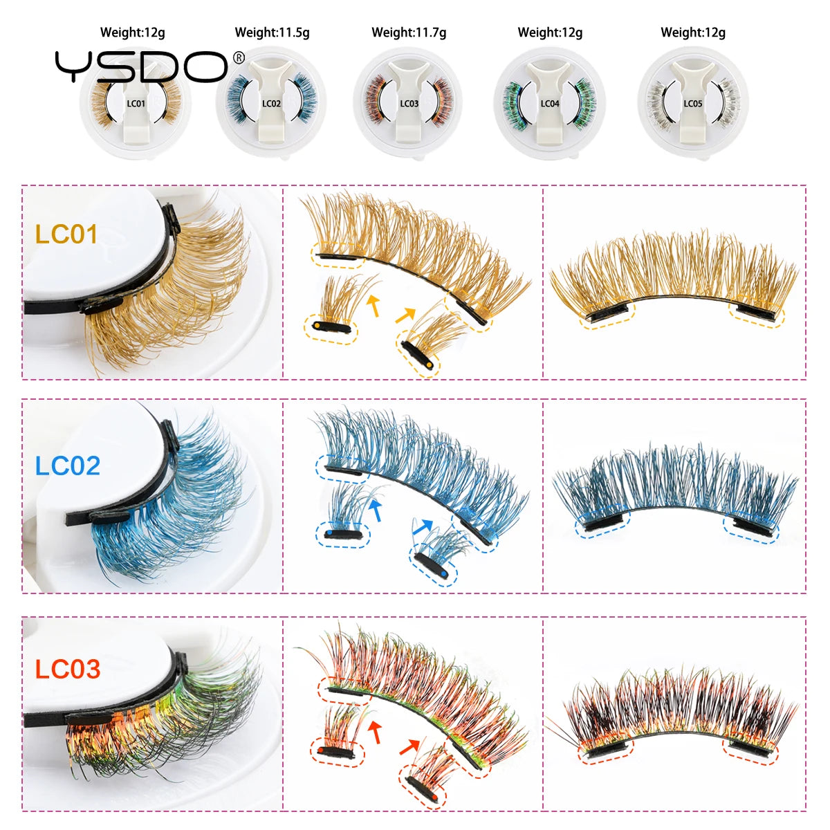 YSDO Colored Magnetic Eyelashes Natural Faux 3D Mink Lashes Reusable Makeup Party Cosplay Shiny Colorful Magnet False Lashes