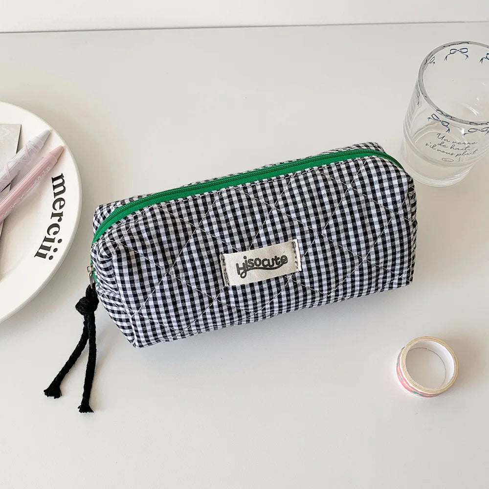 Student Color Blocking Checkered Pencil Case Girls' Stationery Bag Makeup Brush Holder Makeup Bag Women Cosmetic Bag Coin Purse