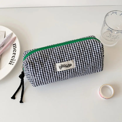 Student Color Blocking Checkered Pencil Case Girls' Stationery Bag Makeup Brush Holder Makeup Bag Women Cosmetic Bag Coin Purse