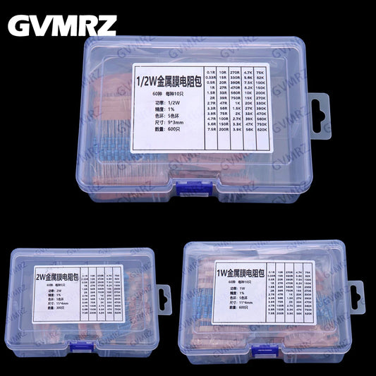 60Values 1/2W 1W 2W 3W 1% Metal film resistors kit dip 0.1R 100R 200R 300R 1K 2K 3K Resistor