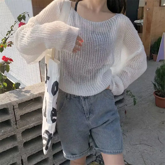 Simple Hollow Out Knitting Sweater Women Lazy Style Off Shoulder Thin Pullover Sweater Female Trendy Loose All-Match Knit Jumper