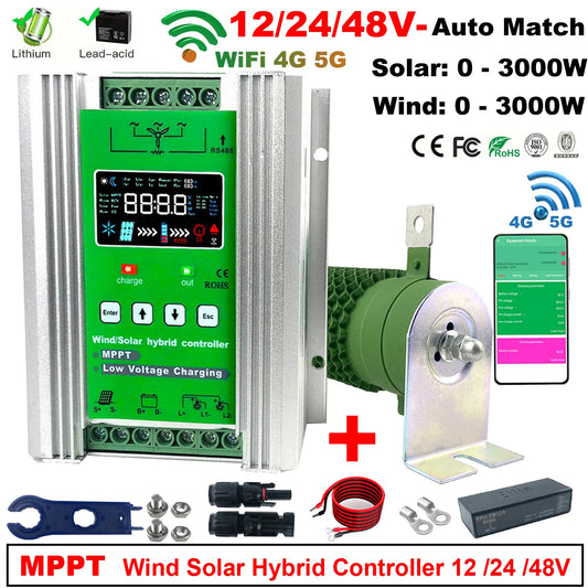 MARS ENERGY 4000W 12V 24V 48V MPPT Upgraded Hybrid Solar Controller Wind Turbine With Built WiFi  Lifepo4 Full Battery Display