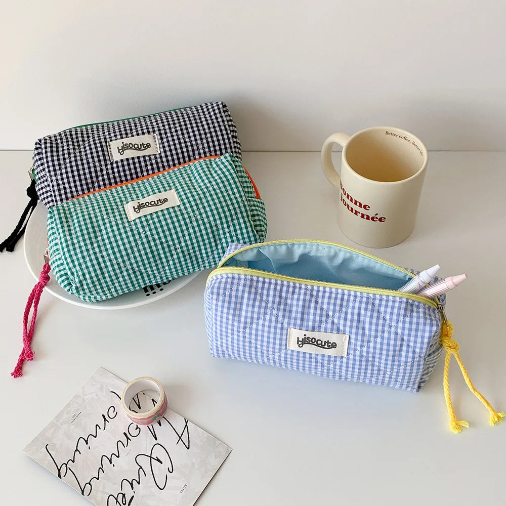 Student Color Blocking Checkered Pencil Case Girls' Stationery Bag Makeup Brush Holder Makeup Bag Women Cosmetic Bag Coin Purse