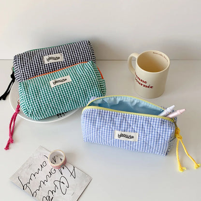 Student Color Blocking Checkered Pencil Case Girls' Stationery Bag Makeup Brush Holder Makeup Bag Women Cosmetic Bag Coin Purse