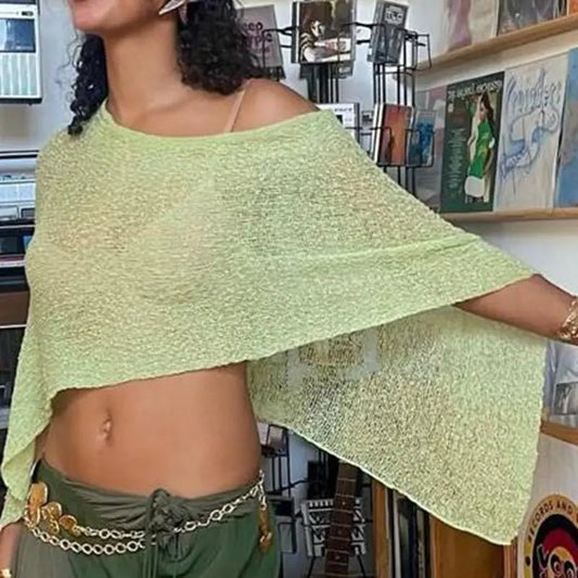 Combhasaki Women Knitwear Bikini Cover-up See-through Solid Off Shoulder Irregular Triangle Hem Loose Pullover Summer Beach Tops
