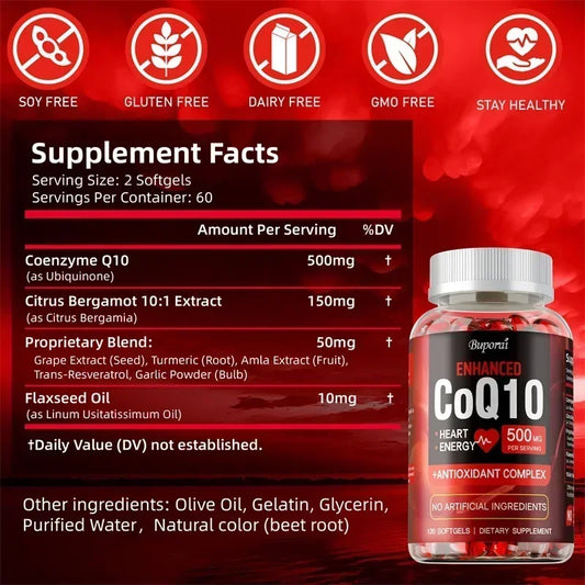 CoQ10 Supplement - Supports Heart and Cardiovascular Health, Anti-Aging, Energy Supplement, Gluten-Free, Non-GMO