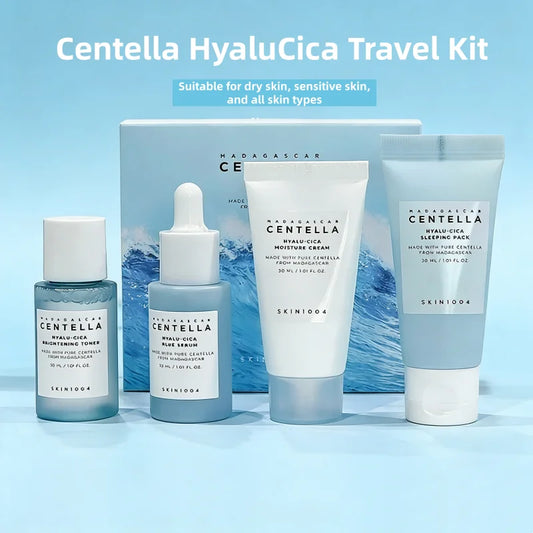 Centella HyaluCica Travel Kit,Brightening Toner, Blue Ampoule Serum,Night Sleeping Pack and Moisturizer Cream Skincare Mini Set