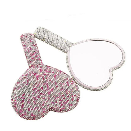 Cute Rhinestone Makeup Mirror Round Square Heart Shape Shiny Bling Cosmetic Hand Mirror Portable with Handle Handheld Mirror