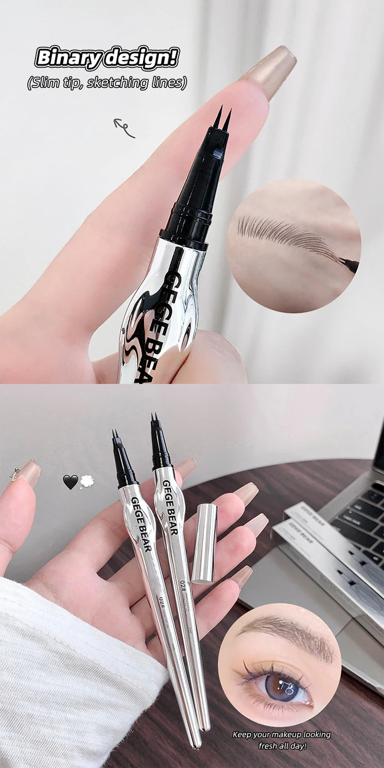 Two-Prong Eyebrow Pen For Women Gege Bear Long-lasting Natural Strokes Waterproof Anti-Sweat Non-smudged All-Day Wear Eye Makeup