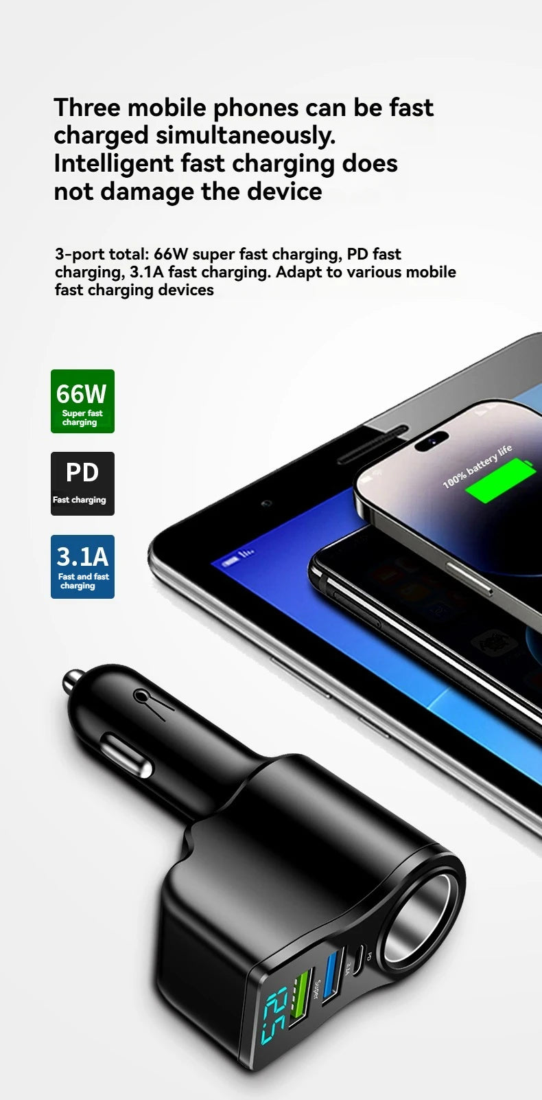One can drag and carry four mobile phone chargers. It supports super-fast charging and has real-time voltage display.