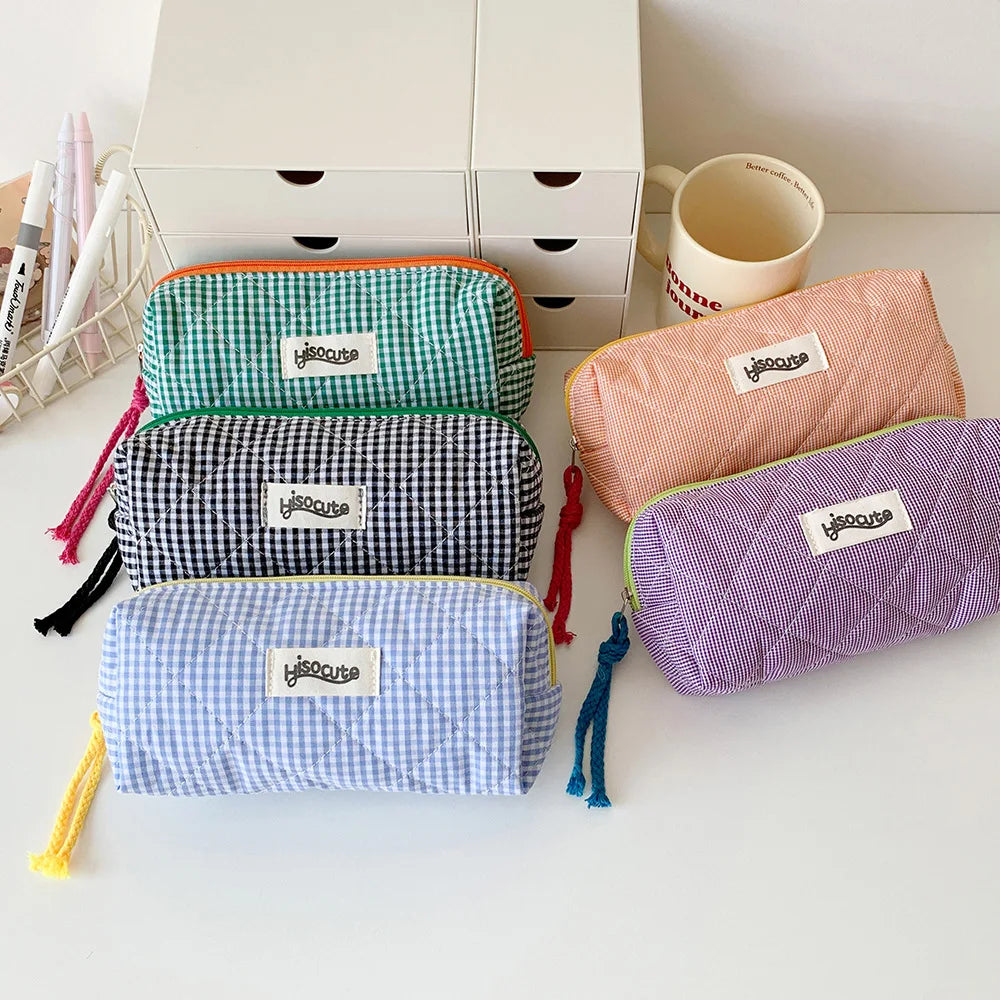 Student Color Blocking Checkered Pencil Case Girls' Stationery Bag Makeup Brush Holder Makeup Bag Women Cosmetic Bag Coin Purse