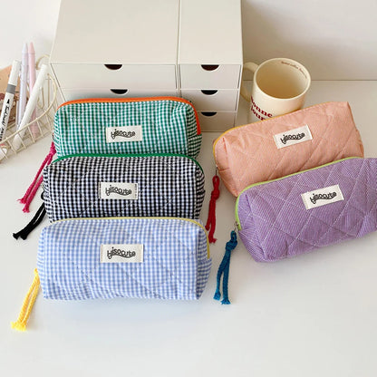Student Color Blocking Checkered Pencil Case Girls' Stationery Bag Makeup Brush Holder Makeup Bag Women Cosmetic Bag Coin Purse