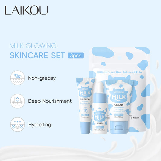 LAIKOU Milk Skincare Travel Set 3pcs Niacinamide Hyaluronic Acid Face Serum Eye Cream Face Cream Moisturizing Glowing Skin Care