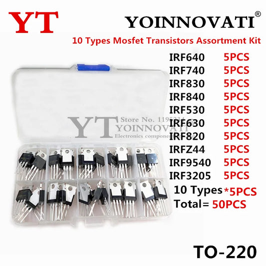10Types Mosfet Transistors Assortment Kit 50PCS IRF640 IRF740 IRF830 IRF840 IRF530 IRF630 IRF820 IRF3205 IRFZ44 IRF9540  TO-220