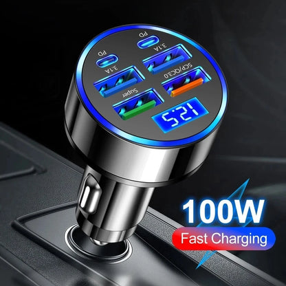 100W Super Fast 4-Port Car Charger for Mobile Phone High-Speed Vehicle Charging Station with Multiple Devices Charging Capacity