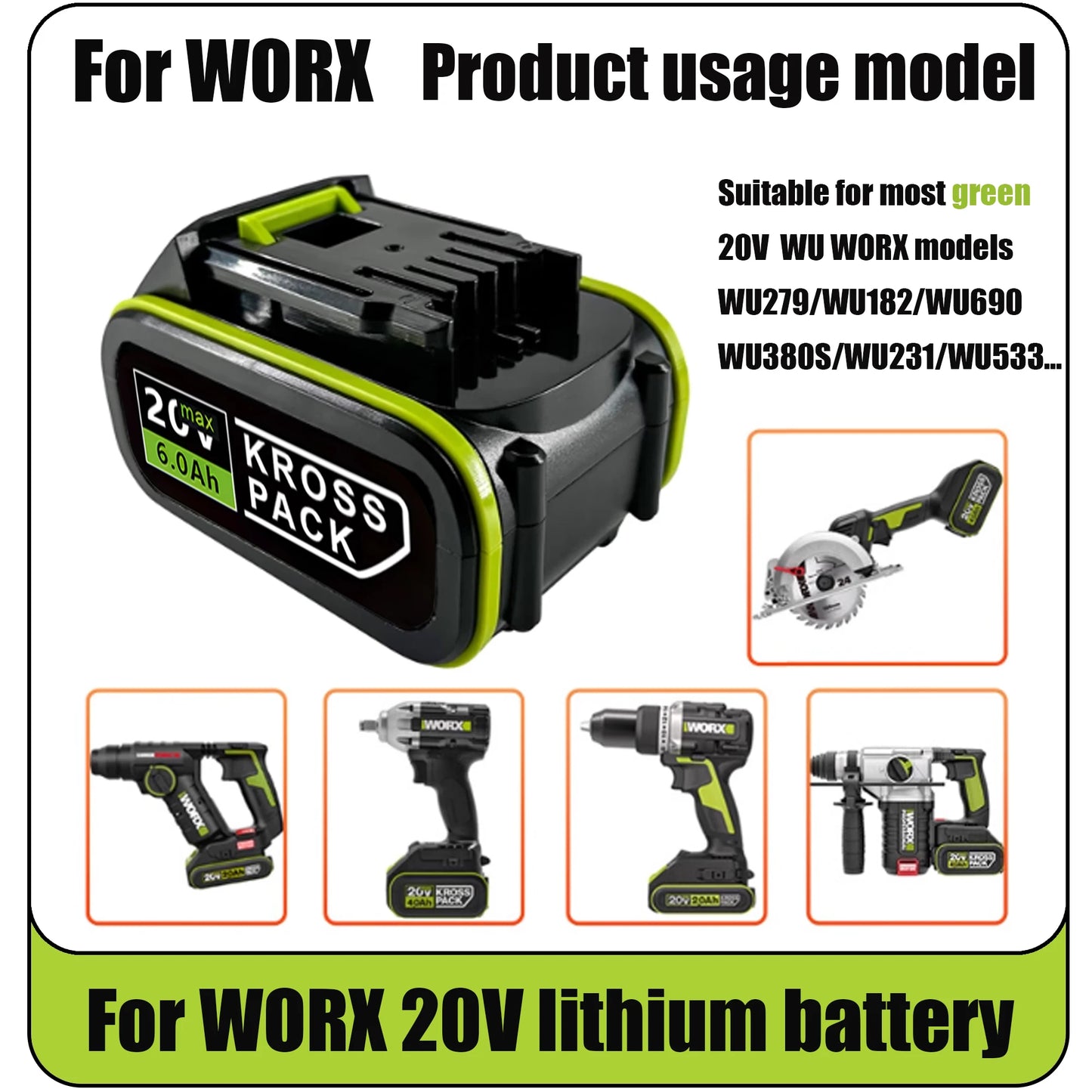 Hot For WORX WA3520 6000mAh/8000mAh Li-ion Battery For dewalt tools for WORX 5pin WA3525 20V Cordless Power Tool Model Battery