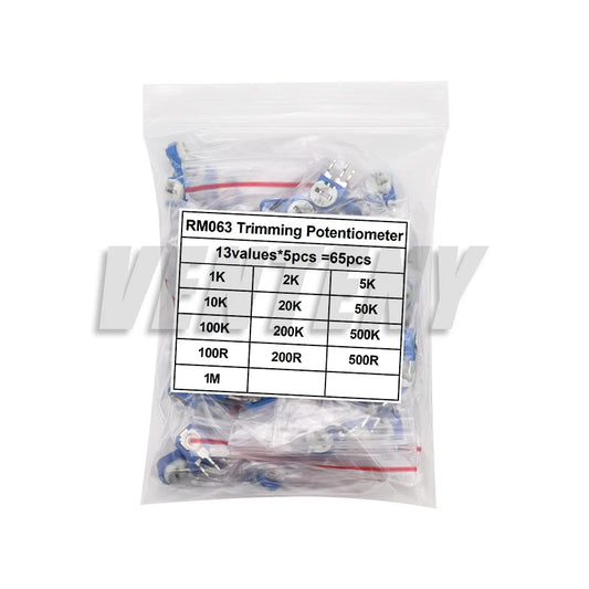 65PCS Trimmer Potentiometers 1K 5K 10K 20K 50K 100K 500K 1M Potentiometer RM063 Adjustable Resistance 100R~1M Variable Resistors